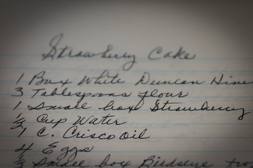 Photo of handwritten recipe from my Grandmother for her Strawberry Cake - addapinch.com