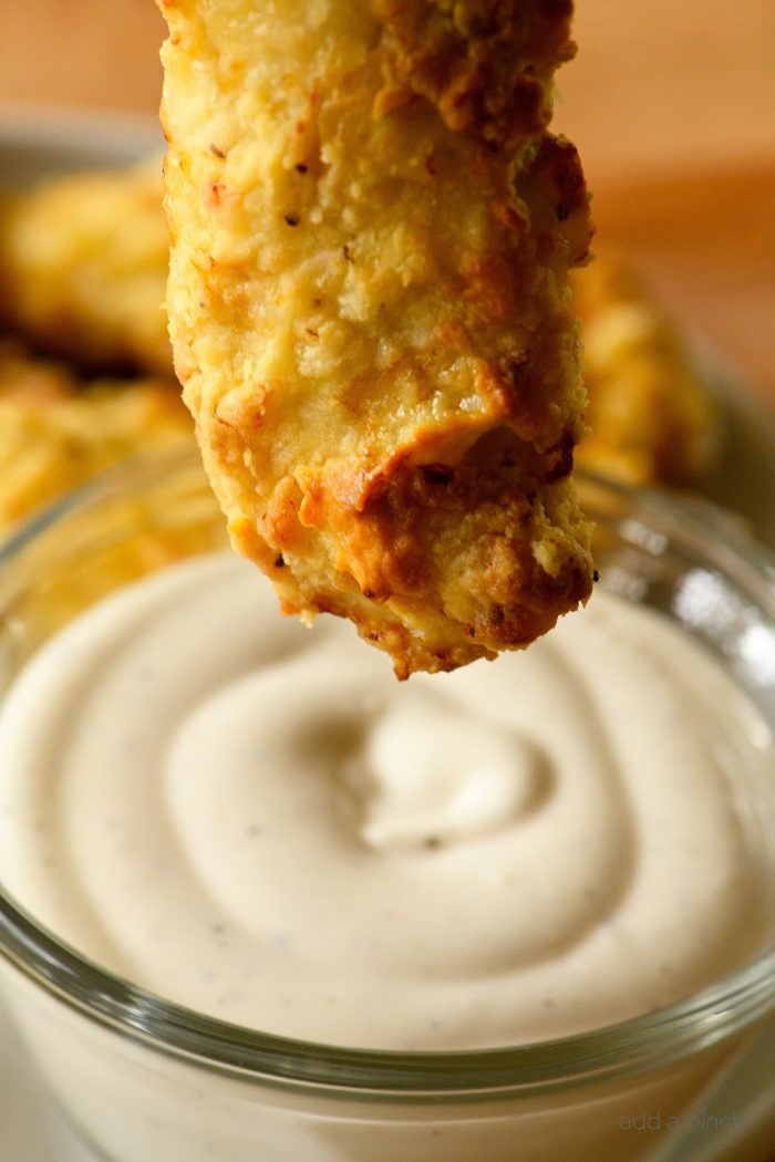 Air Fryer Chicken Tenders Recipe - These crispy, tender and delicious chicken fingers are baked to perfection in the air fryer. // addapinch.com