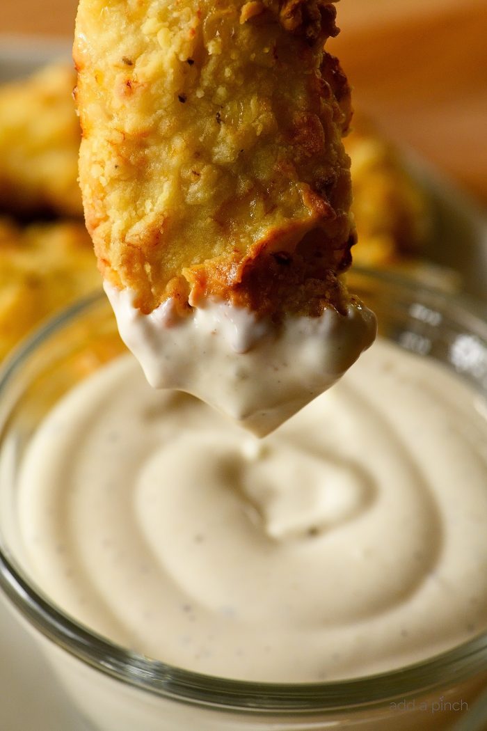 Air Fryer Chicken Tenders Recipe - These crispy, tender and delicious chicken fingers are baked to perfection in the air fryer. // addapinch.com