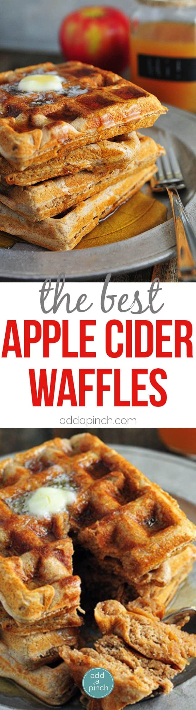 Apple Cider Waffles Recipe - Apple cider waffles are a great addition to your fall and winter breakfast routine. Serve these waffles with warm maple syrup and apple cider for the ultimate breakfast! // addapinch.com