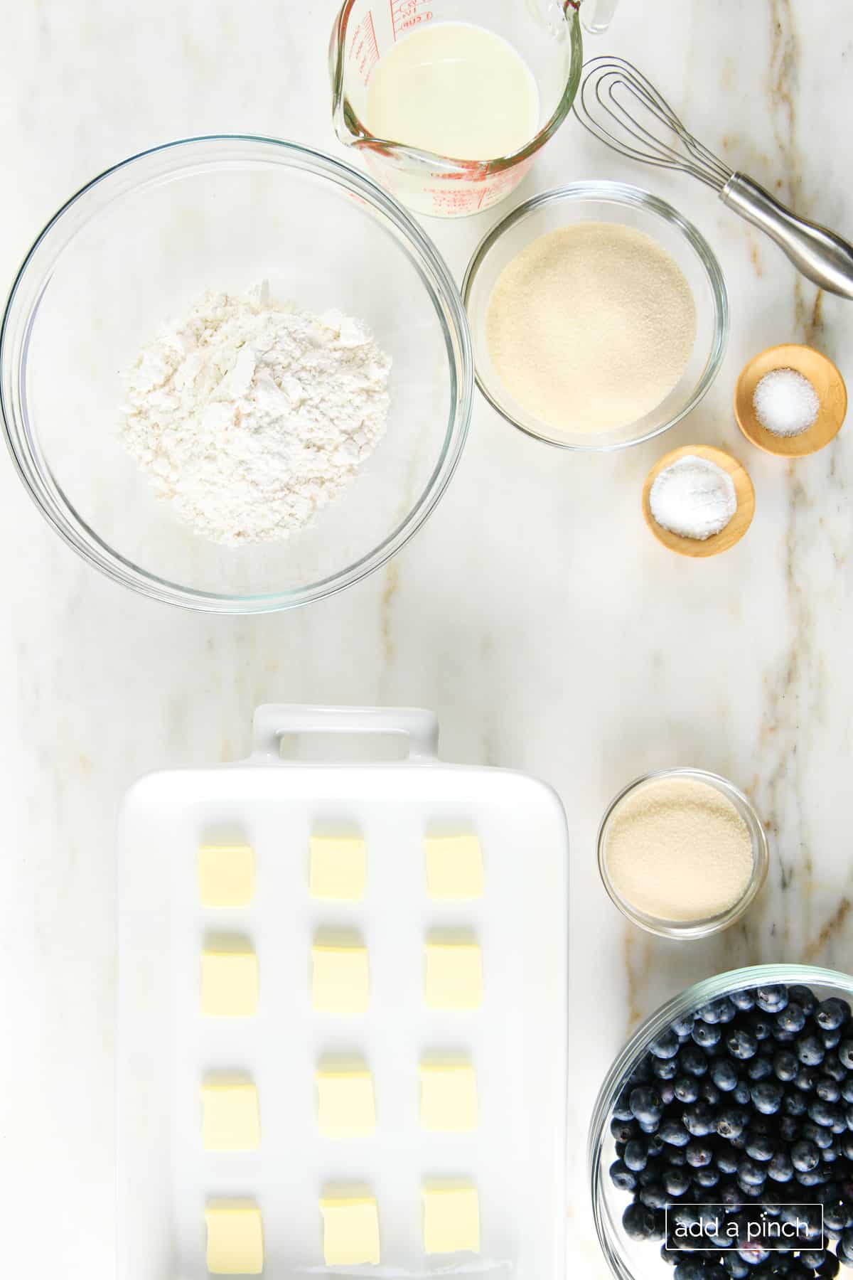 Ingredients used to make blueberry cobbler recipe.