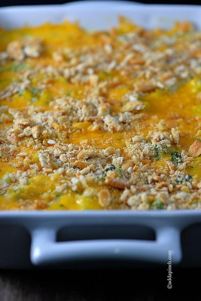 Baked broccoli cheese casserole with melted cheese and crunchy topping.
