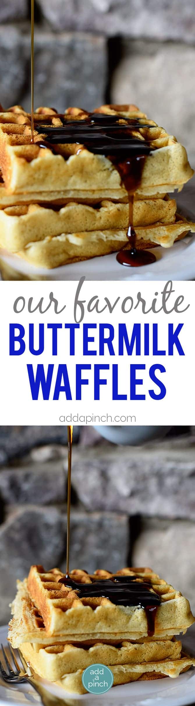 Our Favorite Buttermilk Waffles Recipe - Our favorite buttermilk waffles are crisp on the outside, yet tender and fluffy on the inside. This is the buttermilk waffle recipe I turn to again and again! // addapinch.com
