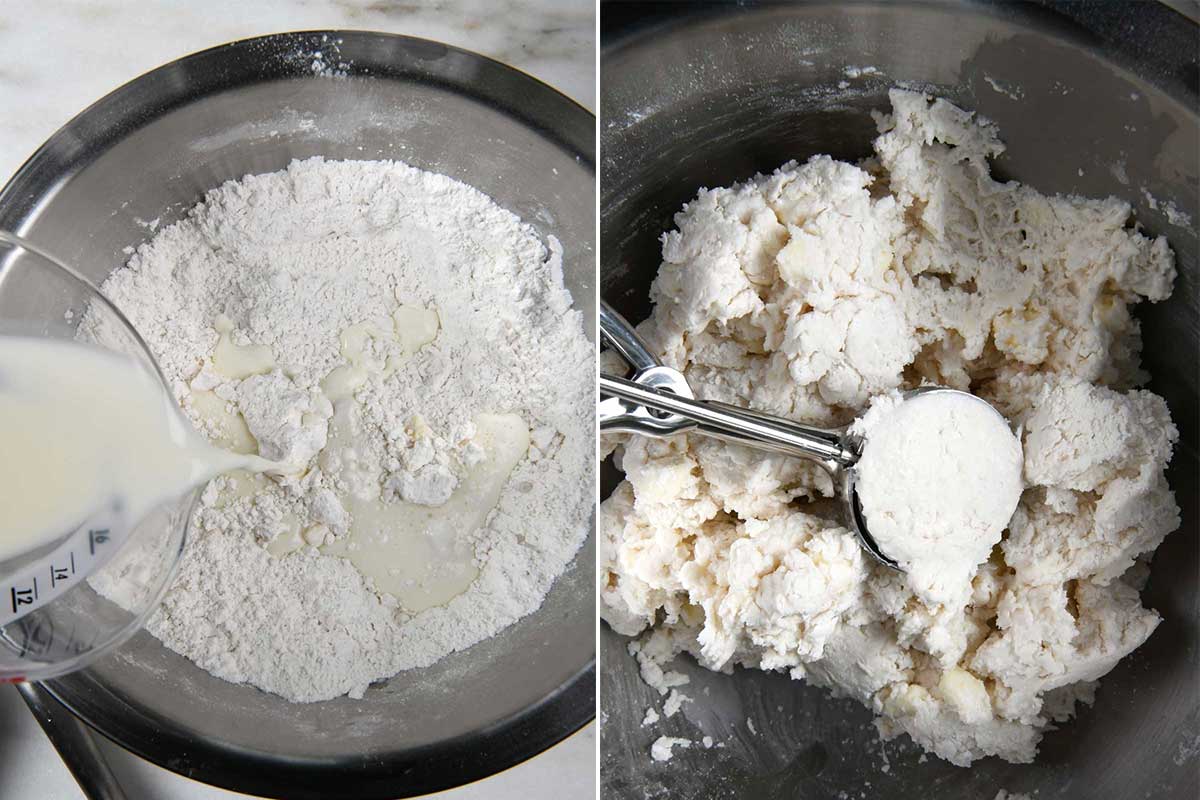 Two photos showing how to make dumplings for chicken and dumplings.