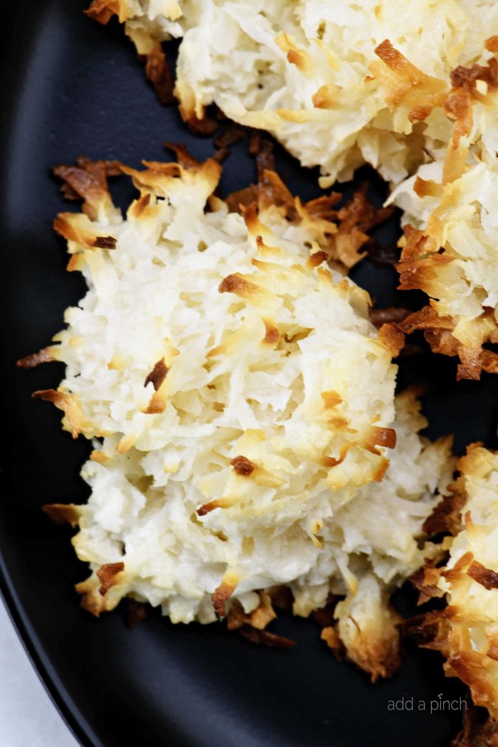 Closeup of golden brown coconut macaroons.