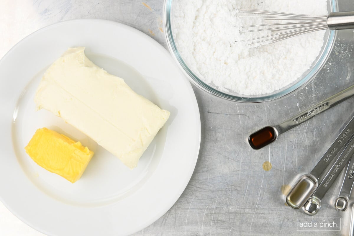 Ingredients used to make cream cheese frosting for fruit pizza recipe.