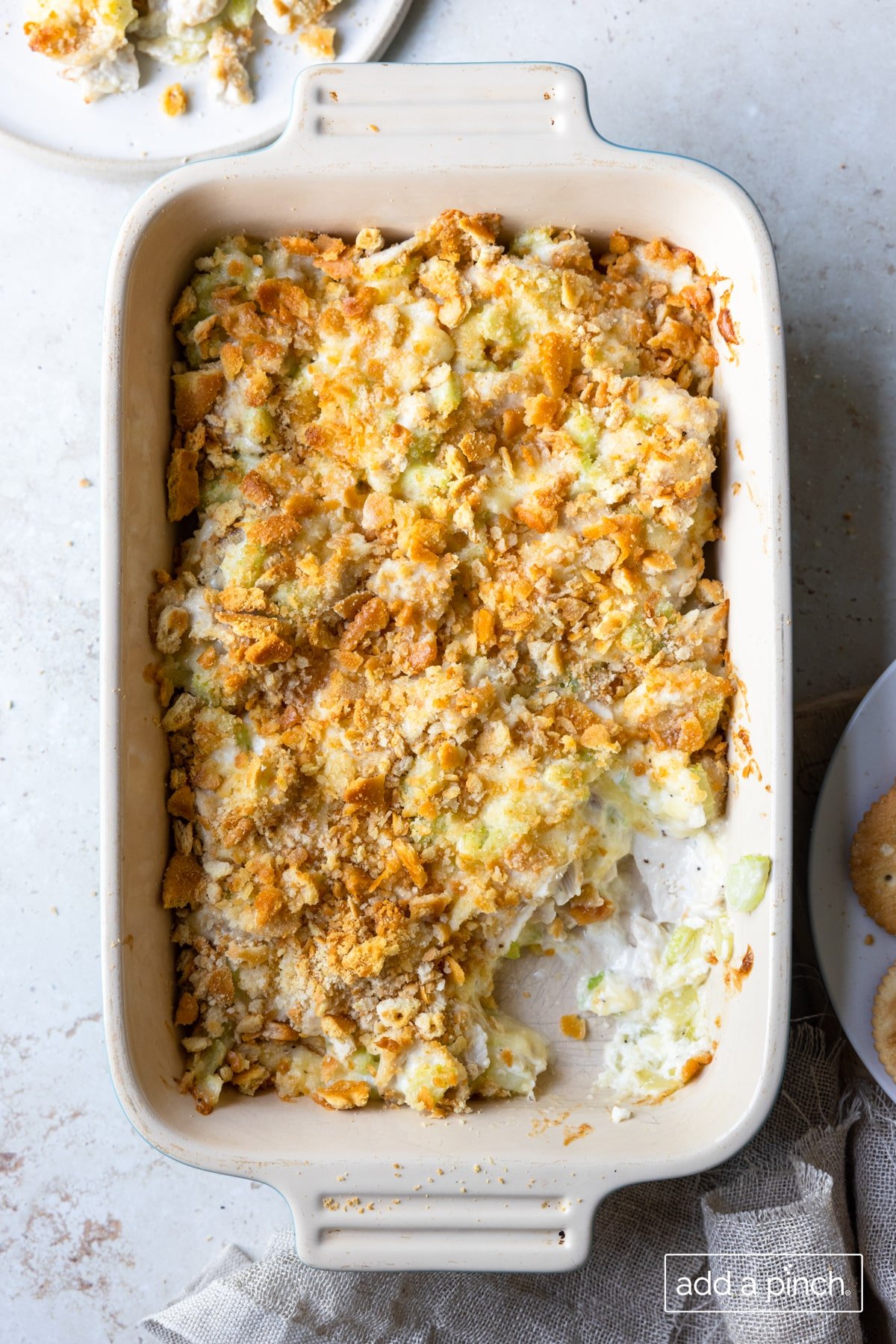 Hot chicken salad casserole ready to serve.