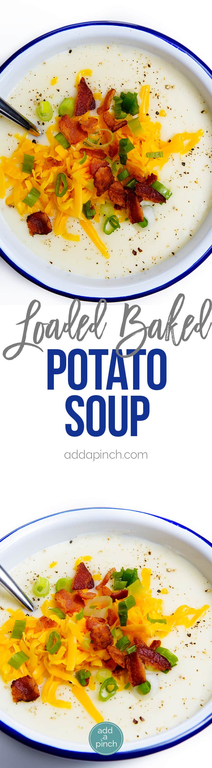 Loaded Baked Potato Soup Recipe - Loaded baked potato soup makes a warm, comforting potato soup recipe. Made with baked potatoes blended into a creamy soup and topped with your potato bar favorites! // addapinch.com