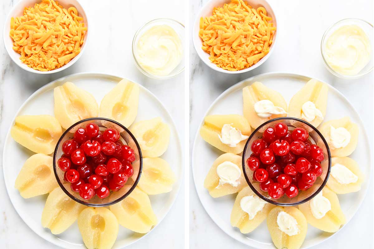 Collage of two photos showing how to make pear salad.