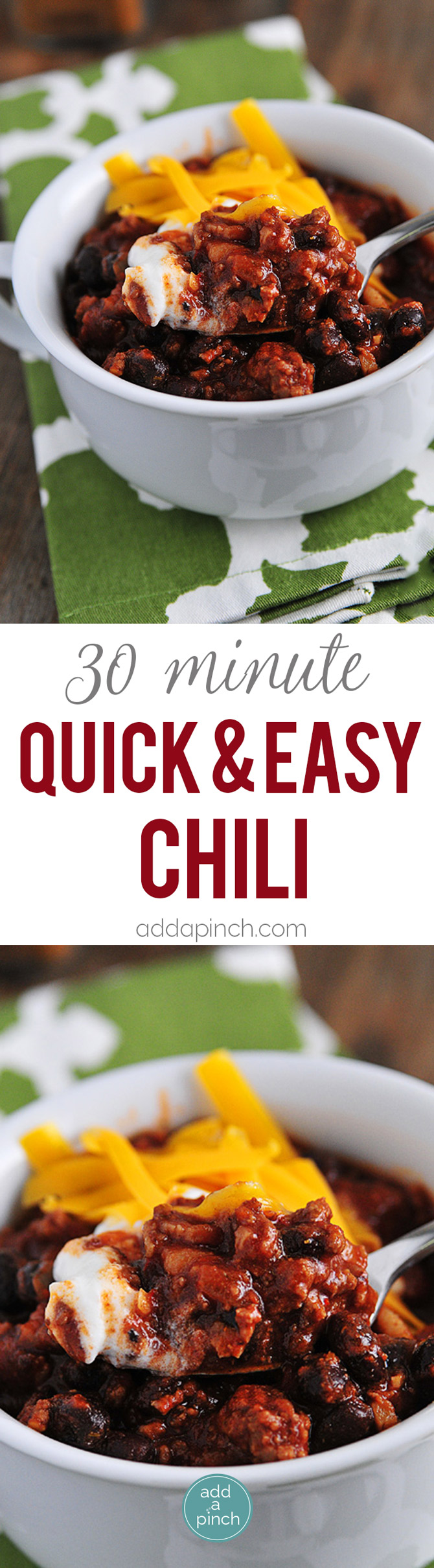 This Black Bean Chili recipe is perfect for a quick-fix weeknight supper. Ready in 30 minutes, this chili is full of ground beef, black beans, and tons of flavor! // addapinch.com