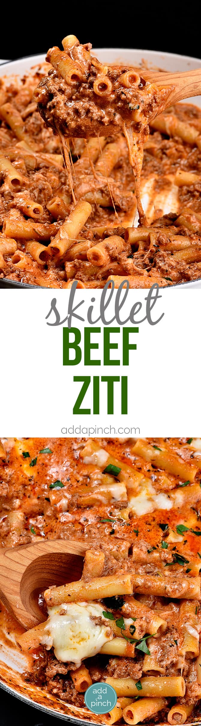 Skillet Beef Ziti Recipe - This Skillet Beef Ziti Recipe makes a quick and easy weeknight supper that the whole family loves! The pasta cooks right in the skillet and goes straight from the cooktop to the table in 30 minutes! // addapinch.com