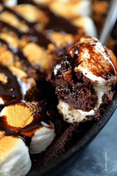 Skillet Brownie Smores Recipe from addapinch.com