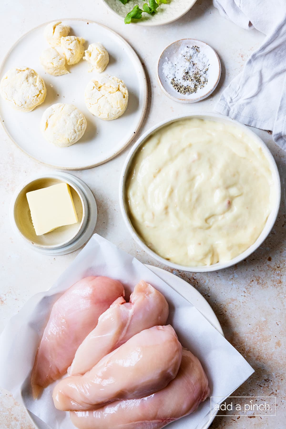 Ingredients used to make slow cooker chicken and dumplings recipe.