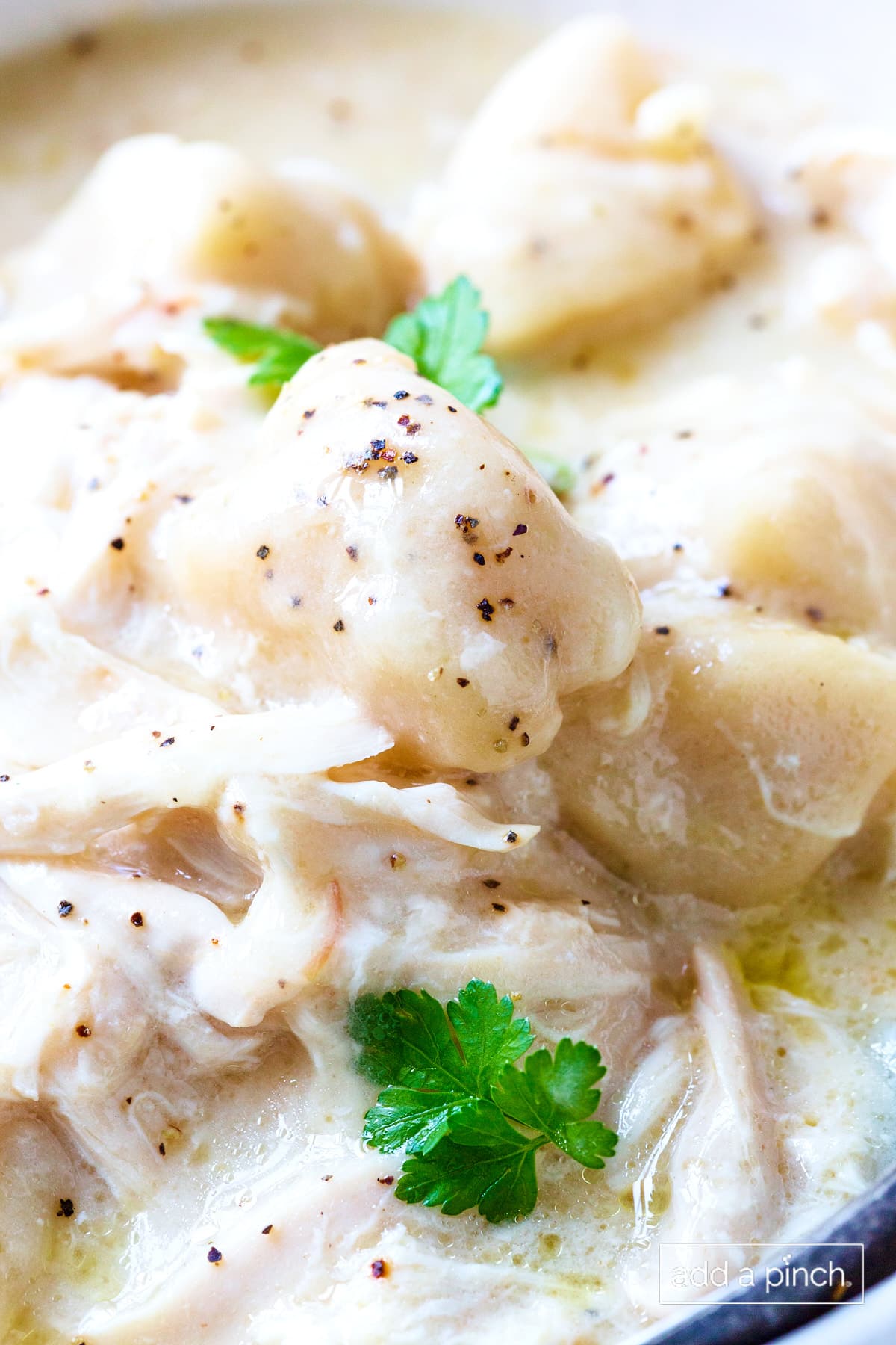 Bowl of crock pot chicken and dumplings with a spoon.