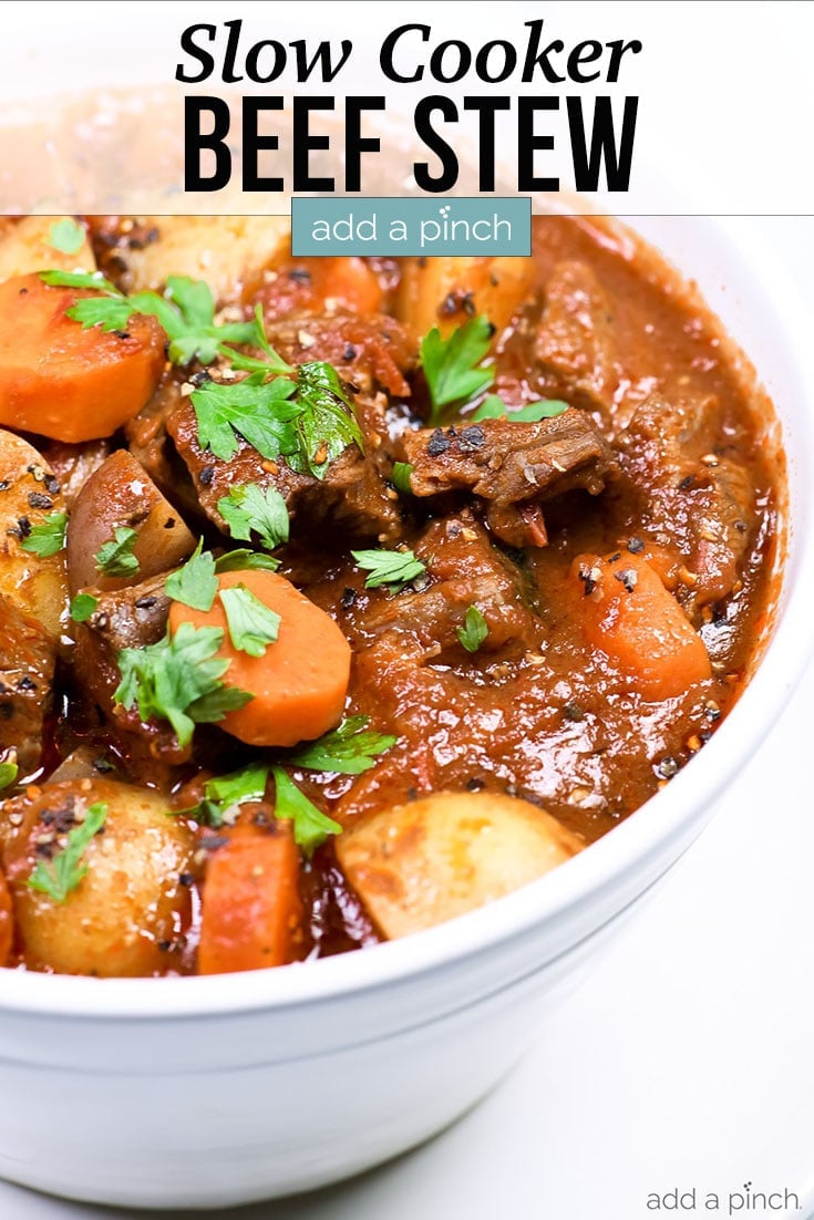 Bowl of Beef Stew on white marble background - with text - addapinch.com