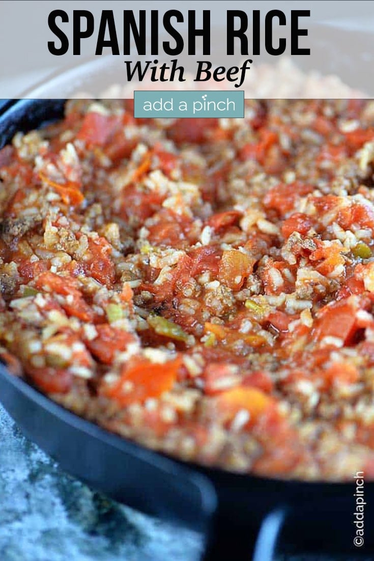 Spanish Rice with Beef in Skillet - with text - addapinch.com
