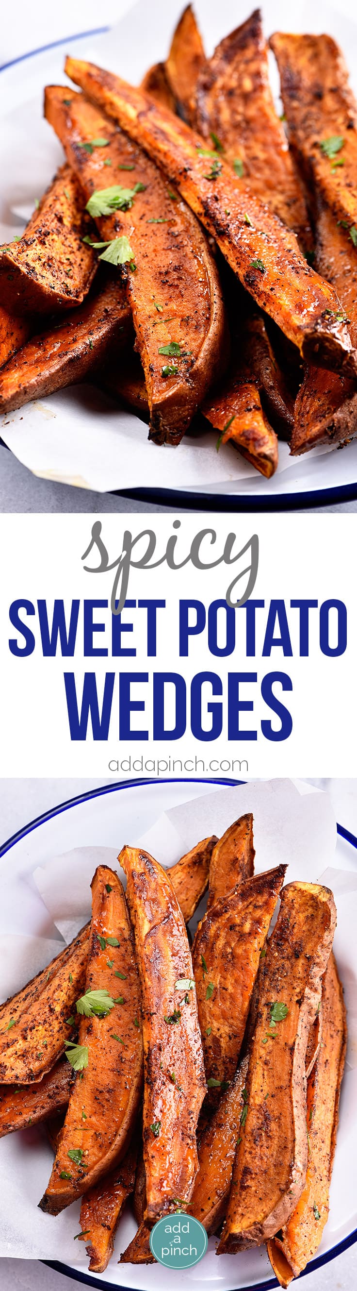 Spicy Sweet Potato Wedges Recipe - Spicy Roasted Sweet Potato Wedges make an easy and delicious recipe! Made with just five ingredients, these roasted sweet potatoes will definitely become a favorite! // addapinch.com