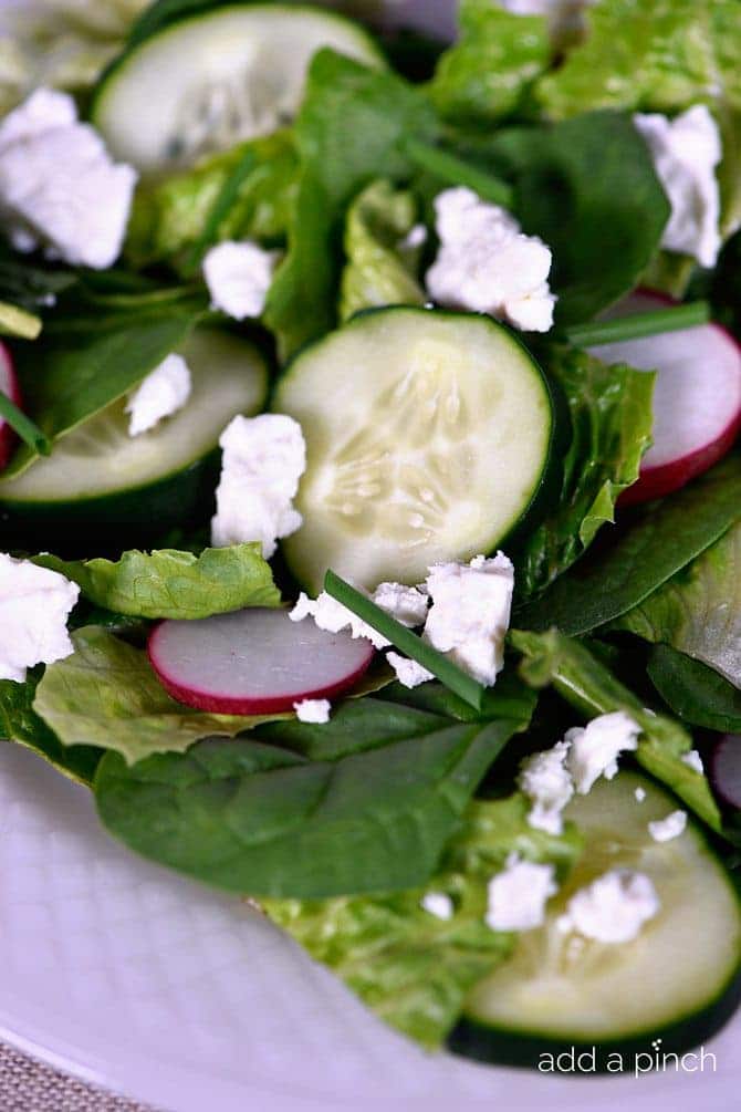 This Spinach Romaine Salad recipe makes a delicious welcome to spring! Topped with radishes, cucumbers, feta, and chives, it is sure to be a favorite! // addapinch.com