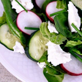 This Spinach Romaine Salad recipe makes a delicious welcome to spring! Topped with radishes, cucumbers, feta, and chives, it is sure to be a favorite! // addapinch.com