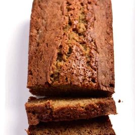 Banana bread on a white platter.