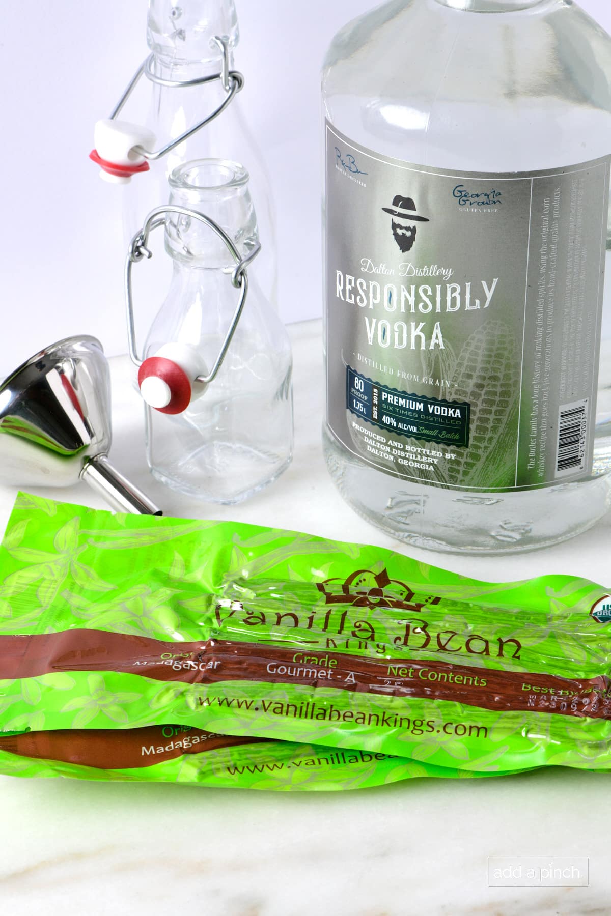Ingredients and materials used to make homemade vanilla extract.