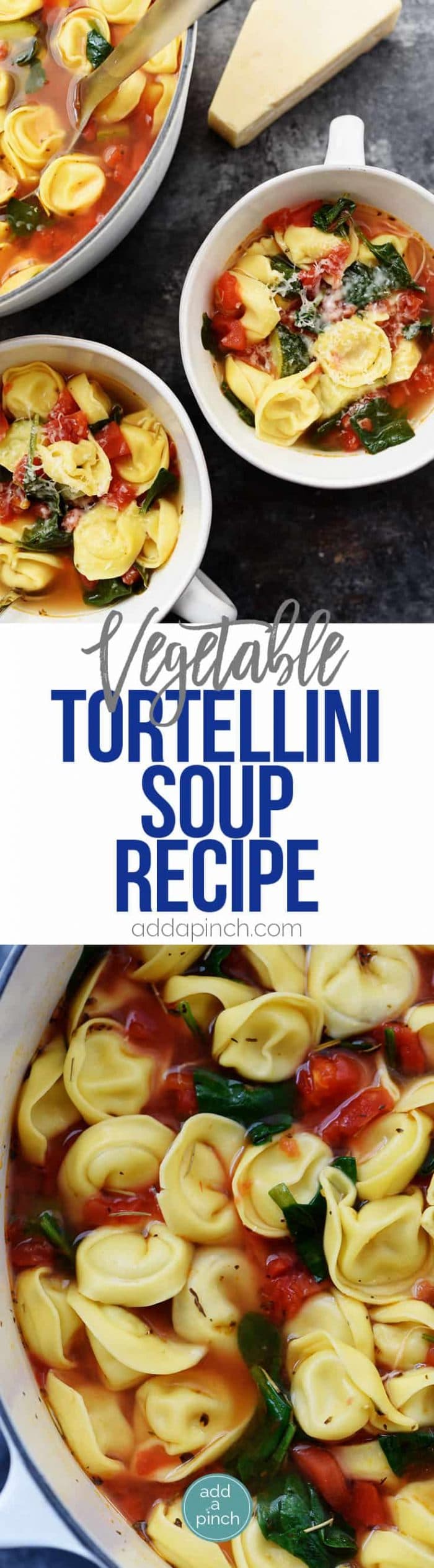 Vegetable Tortellini Soup Recipe - This quick and easy vegetable tortellini soup comes together in minutes for a flavorful soup recipe loaded with vegetables and delicious bites of tortellini. // addapinch.com